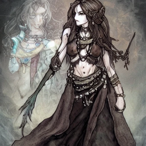 {{{octopath traveler style fantasy rpg character art of beautiful female nordic voodoo shaman}}}, highly detailed, {hyperrealistic upper body portrait of 20 years old woman who knows dark magic with simple background oil colors}, wearing medieval animal leather robe, wearing necklaces and talismans, long hair, illustrated, beautiful and detailed eyes, dark hair, skinny body, mysterious mage, sharp focus, elegant, volumetric lighting, smooth, in style of hades videogame character art, 1woman, thick black outlines, cartoony, anime, art by artgerm, trending artstation