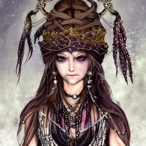 {{{octopath traveler style fantasy rpg character art of beautiful female nordic voodoo shaman}}}, highly detailed, {hyperrealistic upper body portrait of 20 years old woman who knows dark magic with simple background oil colors}, wearing medieval animal leather robe, wearing necklaces and talismans, long hair, illustrated, beautiful and detailed eyes, dark hair, strong body, mysterious mage, sharp focus, elegant, volumetric lighting, smooth, in style of hades videogame character art, 1woman, thick black outlines, cartoony, anime, art by artgerm, trending artstation