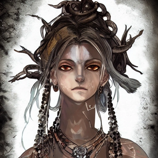 {{{octopath traveler style fantasy rpg character art of beautiful female nordic voodoo shaman}}}, highly detailed, {hyperrealistic upper body portrait of 20 years old woman who knows dark magic with simple background oil colors}, wearing medieval animal leather robe, wearing necklaces and talismans, long hair, illustrated, beautiful and detailed eyes, dark hair, strong body, mysterious mage, sharp focus, elegant, volumetric lighting, smooth, in style of hades videogame character art, 1woman, thick black outlines, cartoony, anime, art by artgerm, trending artstation