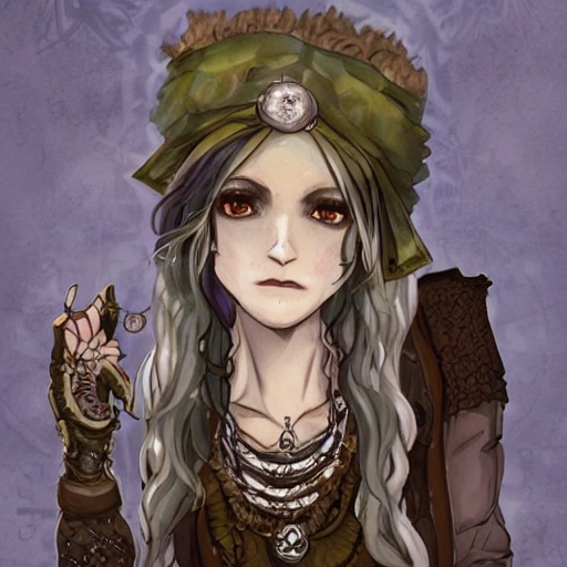 {{{octopath traveler style fantasy rpg character art of beautiful female nordic voodoo shaman}}}, highly detailed, {hyperrealistic upper body portrait of 20 years old woman who knows dark magic with simple background oil colors}, wearing medieval animal leather robe, wearing necklaces and talismans, curly hair no hat, illustrated, beautiful and detailed eyes, dark hair, strong body, mysterious mage, sharp focus, elegant, volumetric lighting, smooth, in style of hades videogame character art, 1woman, thick black outlines, cartoony, anime, art by artgerm, trending artstation