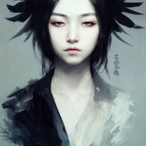 Ruan Jia, night, high-detailed face, teenager, detailed black hair, high-detailed beautiful eyes, Japanese, black jacket, black feathers falling, 4K, light and shadow