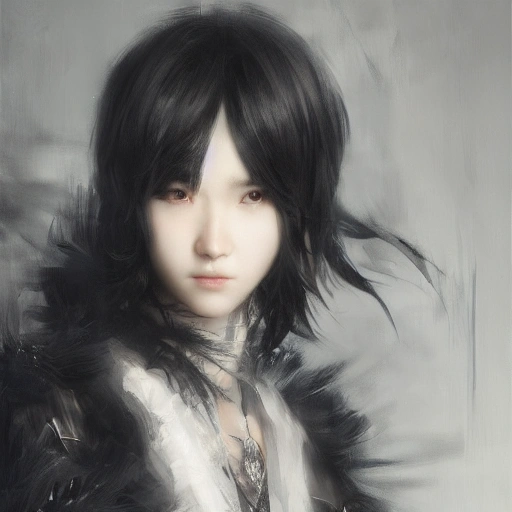 Ruan Jia, night, high-detailed face, teenager, detailed black hair, high-detailed beautiful eyes, Japanese, black jacket, black feathers falling, 4K, light and shadow