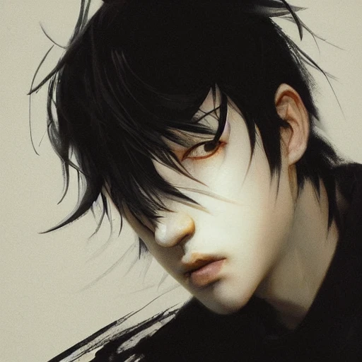 Ruan Jia, night, high-detailed face, young handsome man, detailed black hair, high-detailed eyes, Japanese, white T-shirt, black feathers falling, 4K, light and shadow