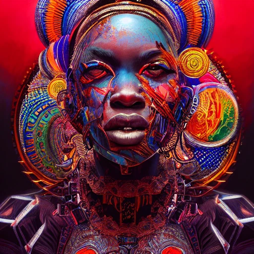 Hyper detailed ultra sharp, trending on artstation, vibrant aesthetic, bloodwave, colorful, psychedelic, ornate, intricate, digital painting, concept art, smooth, sharp focus, illustration, anthropomorphic african, art by coreybarksdale and greg rutkowski and h. r. giger, 8 k portrait od queen nzinga nbande