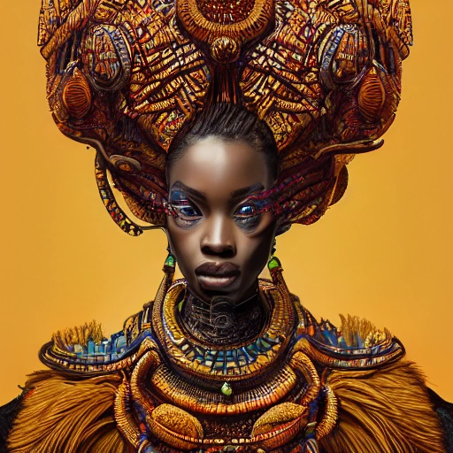 Hyper detailed ultra sharp, trending on artstation, vibrant aesthetic, african royal, gold, colorful, psychedelic, ornate, intricate, digital painting, concept art, smooth, sharp focus, illustration, anthropomorphic african, art by coreybarksdale and greg rutkowski and h. r. giger, 8 k portrait od queen nzinga nbande