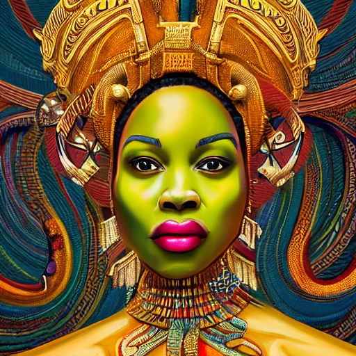 Hyper detailed ultra sharp, realistic ,trending on artstation, vibrant aesthetic, african royal, gold, colorful, cinematic, ornate, intricate, concept art, smooth, sharp focus, illustration, anthropomorphic african, art by coreybarksdale and basquiat and h. r. giger, 8 k portrait od queen nzinga nbande