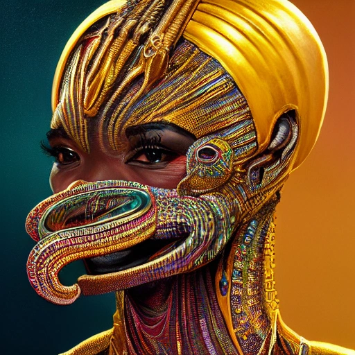 Hyper detailed ultra sharp, realistic ,trending on artstation, vibrant aesthetic, african royal, gold, colorful, cinematic, ornate, intricate, concept art, smooth, sharp focus, illustration, anthropomorphic african, art by coreybarksdale and greg Rutkowski  h. r. giger, 8 k portrait of  kuduro singer nagrelha