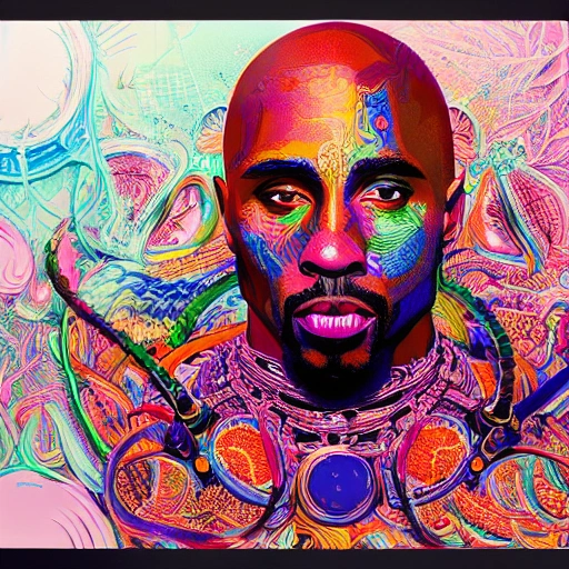 Hyper detailed ultra sharp, trending on artstation, vibrant aesthetic, bloodwave, colorful, psychedelic, ornate, intricate, digital painting, concept art, smooth, sharp focus, illustration, anthropomorphic african, art by coreybarksdale and greg rutkowski and h. r. giger, 8 k portrait of tupac shakur and pop  smoke