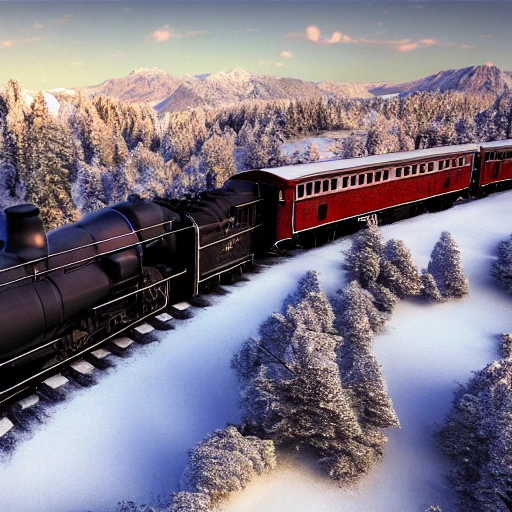 steam train driving through the snow, the polar express, scenic landscape, stunning environment, dusk, ultra detailed, octane render, ultra detail, intricate detail, volumetric lighting, vivid colours, photorealistic, photography, lifelike, high resolution, digital art, ultra wide angle lens, aerial view, elevated view, wallpaper