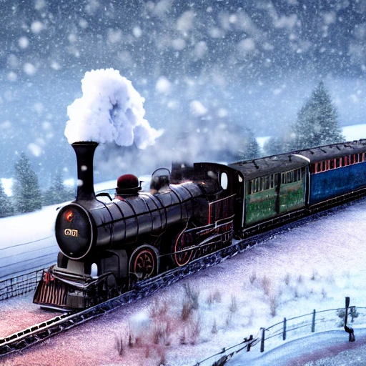 steam train driving through the snow, the polar express, scenic landscape, stunning environment, dusk, ultra detailed, octane render, ultra detail, intricate detail, volumetric lighting, vivid colours, photorealistic, photography, lifelike, high resolution, digital art, ultra wide angle lens, aerial view, elevated view, wallpaper