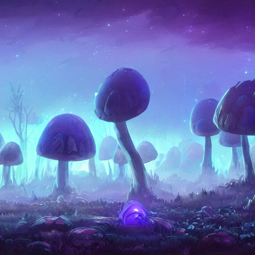 concept art painting of a fantasy alien fungal landscape at night, with glowing blue lights, glowing blue mushrooms, dark purple sky, realistic, detailed, cel shaded, in the style of makoto shinkai and greg rutkowski and albert bierstadt and james gurney , Trippy, Trippy