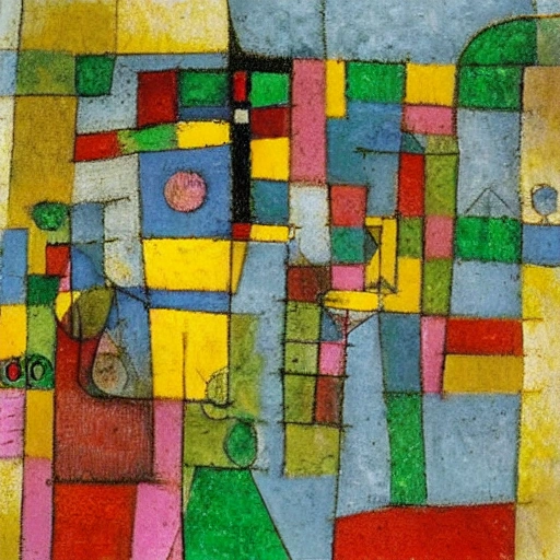 An painting of the high city og Bergamo by Paul Klee and Hundertwasser, Oil Painting, with soft colors, depicting a crowd walking in a square