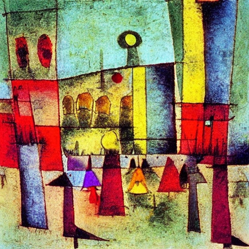 An painting of the high city og Bergamo by Paul Klee and Hundertwasser, Oil Painting, with soft colors, depicting a crowd walking in a square, Water Color