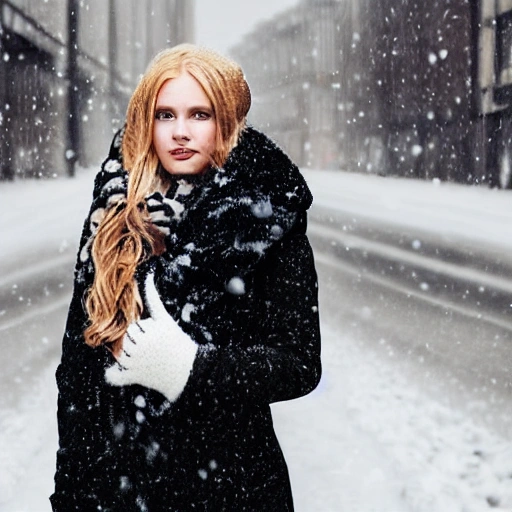 professional portrait photograph of a gorgeous Norwegian girl in winter clothing with long wavy blonde hair, ((sultry flirty look)), freckles, beautiful symmetrical face, cute natural makeup, wearing elegant winter fashion clothing, ((standing outside in snowy city street)), stunning modern urban upscale environment, ultra realistic, concept art, elegant, highly detailed, intricate, sharp focus, depth of field, f/1.8, 85mm, medium shot, mid shot, (centered image composition), (professionally color graded), ((bright soft diffused light)), volumetric fog, trending on instagram, trending on tumblr, hdr 4k, 8k