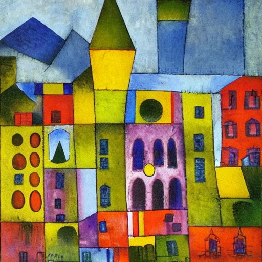 An painting of the high city og Bergamo by Paul Klee and Hundertwasser, Oil Painting, with many details and mostly buildings and a blue sky