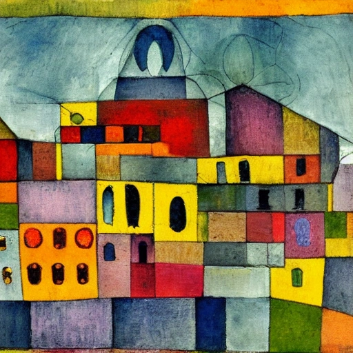 An painting of the high city og Bergamo by Paul Klee and Hundertwasser, Oil Painting and watercolor, with many details and mostly buildings and a blue sky, like a mosaic