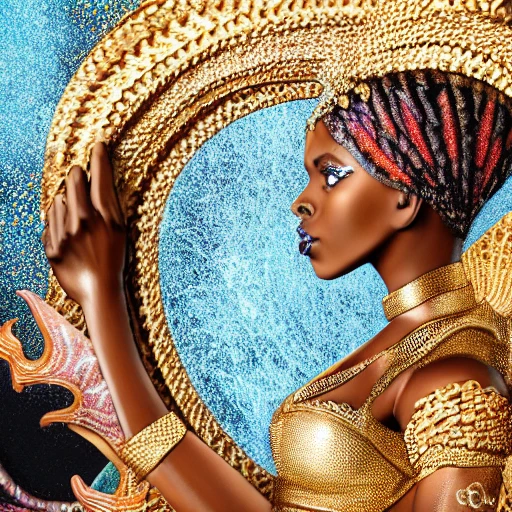 Create a stunning, 8k resolution image of a black mermaid with African features emerging from the water in downtown Luanda, Angola. The mermaid should have photo volumetric, hyper realistic skin and African braids adorned with gold scales. She should be crowned with a regal headpiece inspired by African culture. The image should have a cinematic quality and portray the mermaid as a strong and glorious figure.