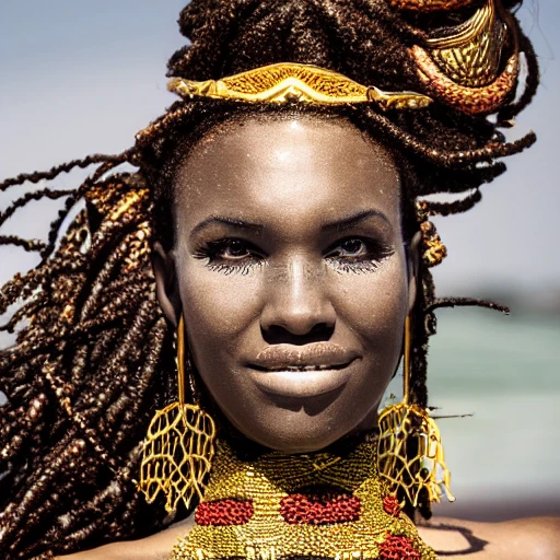 a stunning, 8k resolution image of a black mermaid with African features emerging from the water in downtown Luanda, Angola. The mermaid should have photo volumetric, hyper realistic skin and African braids adorned with gold scales. She should be crowned with a regal headpiece inspired by African culture. The image should have a cinematic quality and portray the mermaid as a strong and glorious figure art by jean basquiat