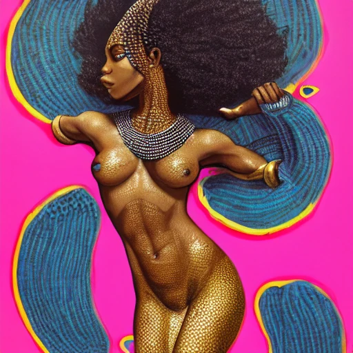 a stunning, 8k resolution image of a black mermaid with African features emerging from the water in  The mermaid should have photo volumetric, hyper detain skin and African braids adorned with gold scales. She should be crowned with a regal headpiece inspired by African culture. The image should have a cinematic quality with  a strong and glorious figure art by jean basquiat