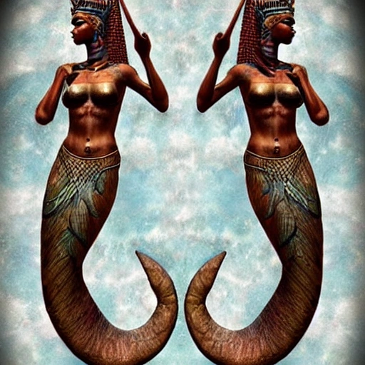 Create a realistic, high definition photo of a mermaid goddess emerging from the water for a fashion business in the metaverse. The image should have amazing composition and astonishing detail, with ancient Egyptian decor and African models. The mermaid goddess should have a regal and powerful presence, commanding attention and inspiring awe