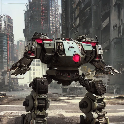 a sexy battlemech in a post war vcyberpunk city ultrarealistic