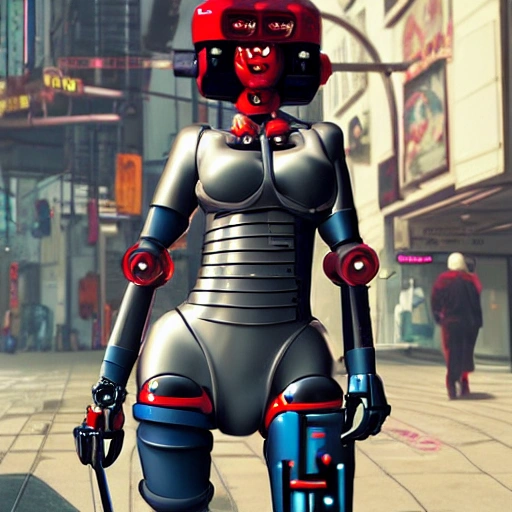 a sexy female battlerobot in a post war cyberpunk city ultrarealistic