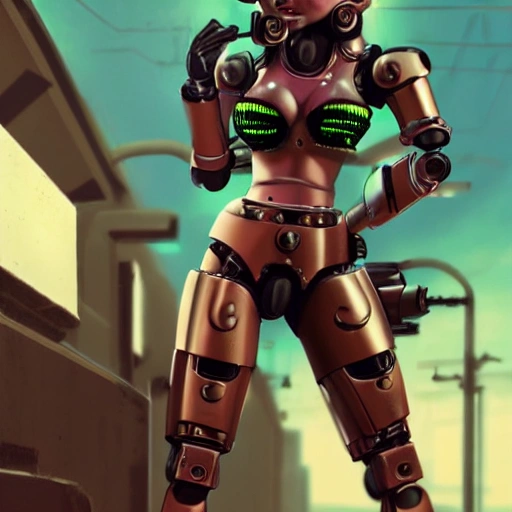 a sexy female battlerobot wearing a bikini in a post war cyberpunk city ultrarealistic