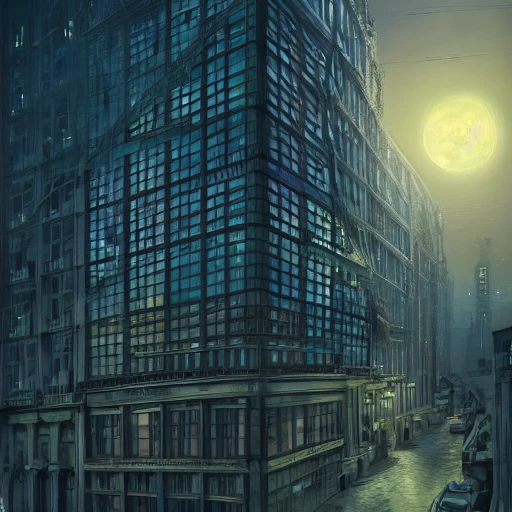 Office building, view from the street to the third floor, large glass windows, night, moonlight illuminating the street, light poles, other buildings are seen along the street, digital art, cinematic light, high dynamic range, insane intricate details, stunning cinema effects, aesthetic, artwork in the style of Mandy Jurgens, Jon Foster 