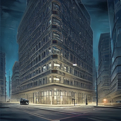 hyper realistic perspective of Office building, view from the street to the third floor, large glass windows, night, moonlight illuminating the street, light poles, other buildings are seen along the street, digital art, cinematic light, high dynamic range, insane intricate details, stunning cinema effects, aesthetic, artwork in the style of Mandy Jurgens, Jon Foster 