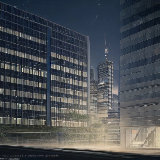 hyper realistic perspective of Office building, view from the street to the third floor, large glass windows, night, moonlight illuminating the street, light poles, other buildings are seen along the street, perfect composition, beautiful detailed intricate insanely detailed octane render trending on artstation, 8 k artistic photography, photorealistic concept art, soft natural volumetric cinematic perfect light, chiaroscuro, award - winning photograph, masterpiece, oil on canvas, raphael, caravaggio, greg rutkowski, beeple, beksinski, giger