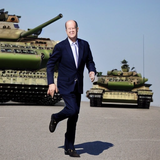 olaf scholz doing an epic split between two leopard 2 tanks