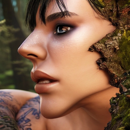 sexy elf girl, beautyful, detailed face, fantasy, walking, brown skin, perfect breast, detailed face, tattoos, shadow effect, spotlight, forest in the background, background blur, hyperrealistic, photografic, 8k, epic ambient light, octane render