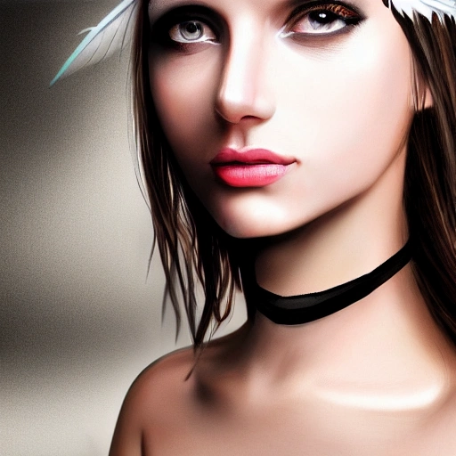 hyper realistic portrait of sexy girl, having a feather cap, a choker and luxurious necklaces, slender and slim, perfect naked breast, detailed eyes, coherent symmetrical face, digital art, perfect anatomy, hyper detailed, highly intricate, concept art, award winning photograph, rim lighting, sharp focus, 8k resolution wallpaper, smooth, denoise, Oil Painting