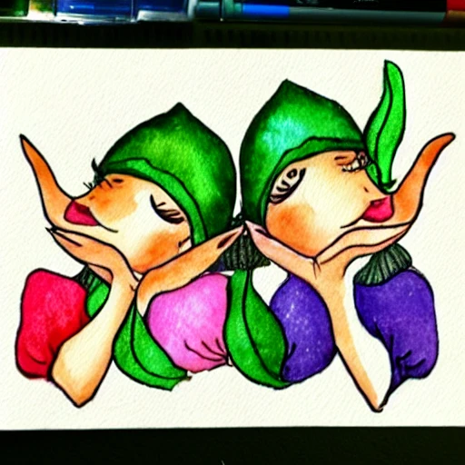two sexy little female elves sitting on a flower kissing, Water Color