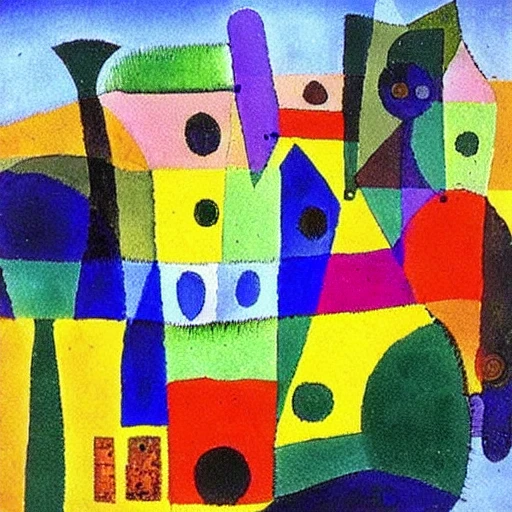 An painting of a city by Paul Klee, Joan Miro and Hundertwasser, Oil Painting, Water Color,  with soft colors 