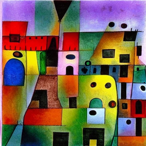 An painting of a city by Paul Klee, Joan Miro and Hundertwasser, Oil Painting, Water Color,  with soft colors , 3D