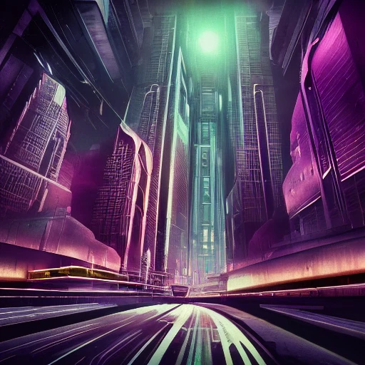 Landscape photography of a futuristic city, Metropolis by Fritz Lang with Neon lights, brutalist architecture, purple lights, highly detailed asphalt texture, cinematic, unreal engine, city lights, bokeh, art by gaspar noe