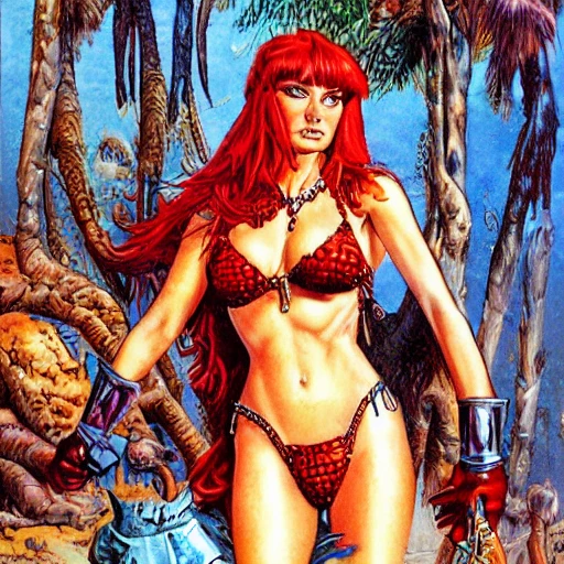 red sonja wearng bikini mail by jeff easley, Cartoon, Trippy, Cartoon