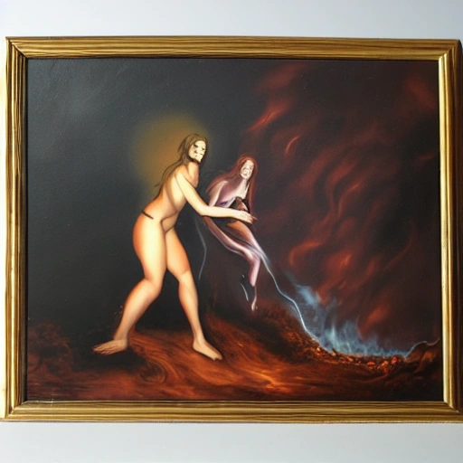 a dark lilith clothless and fiercy body type burning adam in hell, Oil Painting