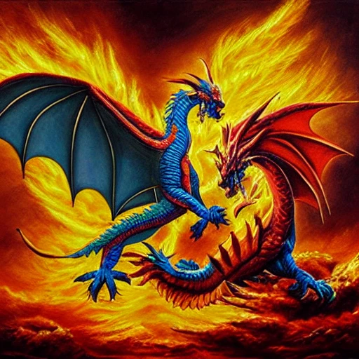 Dragon and phoenix, 3D, Oil Painting