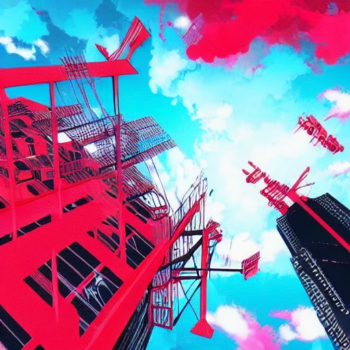 Overlay background sky scrappers rainy black red  cyan colors anime , Trippy, 3D, 