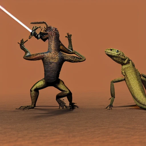 , 3D,a lizard man with a spear fighting a scorpion man in a galactic desert 