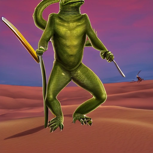 , 3D,a lizard man, with a spear, fighting, a scorpion, with a sword in a space like skies but in the desert 