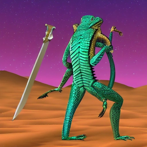 , 3D,a lizard man, with a spear, fighting, a scorpion, with a sword in a space like skies but in the desert , Trippy