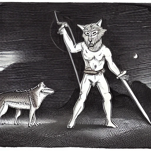 , 3D,a wolf man, with a spear, stabbing a scorpion, with a sword in a space-like skies but in the desert,, Cartoon