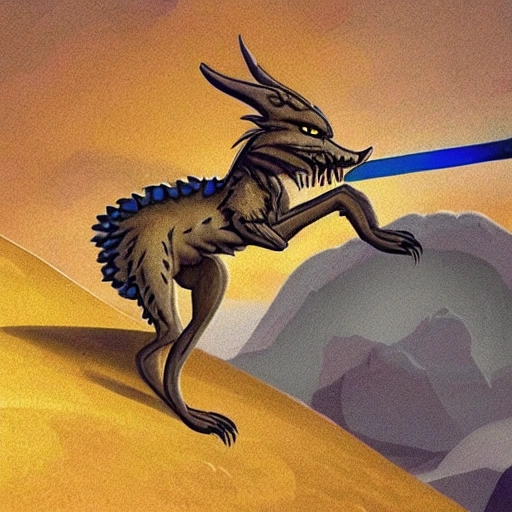 , 3D,a warewolf, with a spear, stabbing a scorpion with a sword in a space-like sky but in the desert,, Cartoon