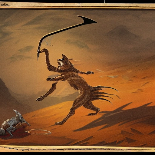 , 3D,a warewolf, with a spear, stabbing a scorpion with a sword in a space-like sky but in the desert