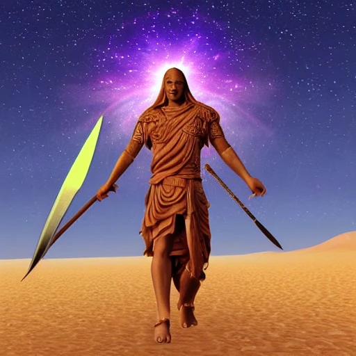 , 3D,a god with a spear, stabbing a demon with a sword in a space-like sky but in the desert