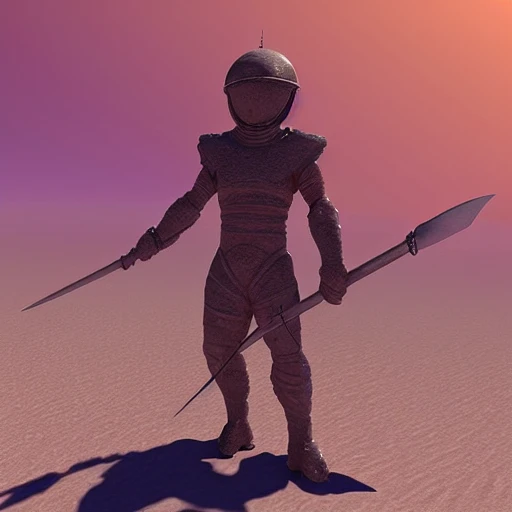 , 3D,a god with a spear,  sword in a space-like sky but in the desert planet