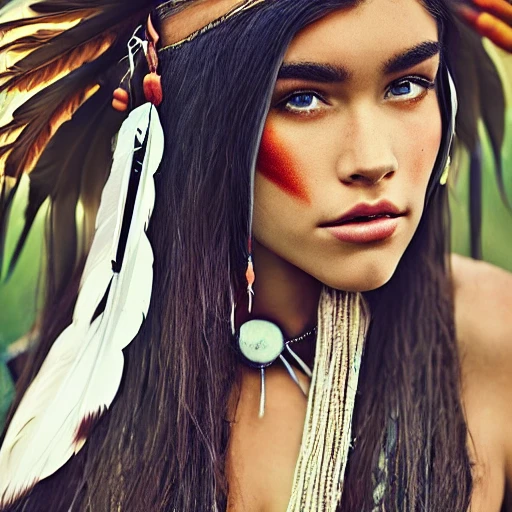 mdjrny-v4 style portrait photograph of Madison Beer as Pocahontas, young beautiful native american woman, perfect symmetrical face, feather jewelry, traditional handmade dress, armed female hunter warrior, (((wild west))) environment, Utah landscape, ultra realistic, concept art, elegant, ((intricate)), ((highly detailed)), depth of field, ((professionally color graded)), 8k, art by artgerm and greg rutkowski and alphonse mucha